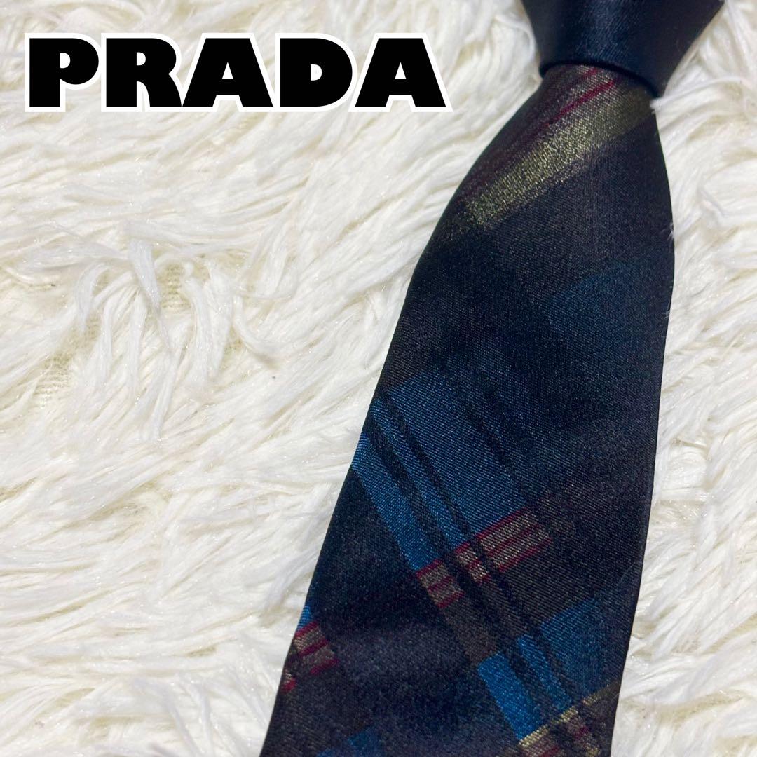 ✨激レア✨【ほぼ未使用】PRADA ネクタイ　ナロータイ　チェック　光沢