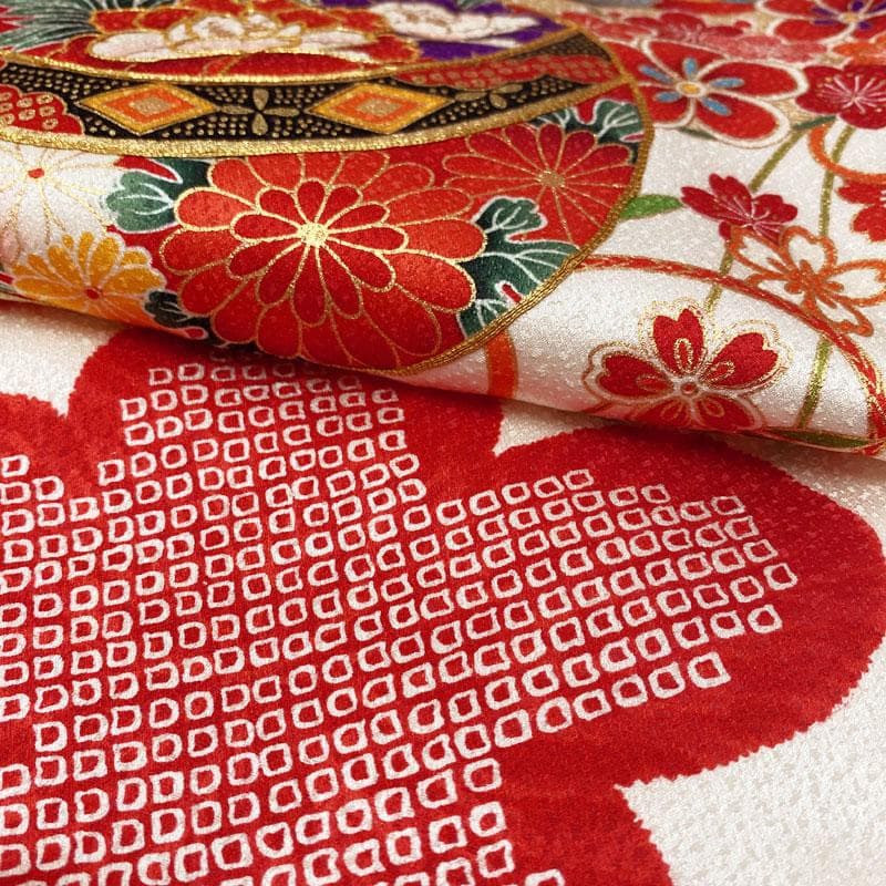 507ag3◎七五三 三歳 女児 着物&被布 鞠鶴糸巻 白◎美品