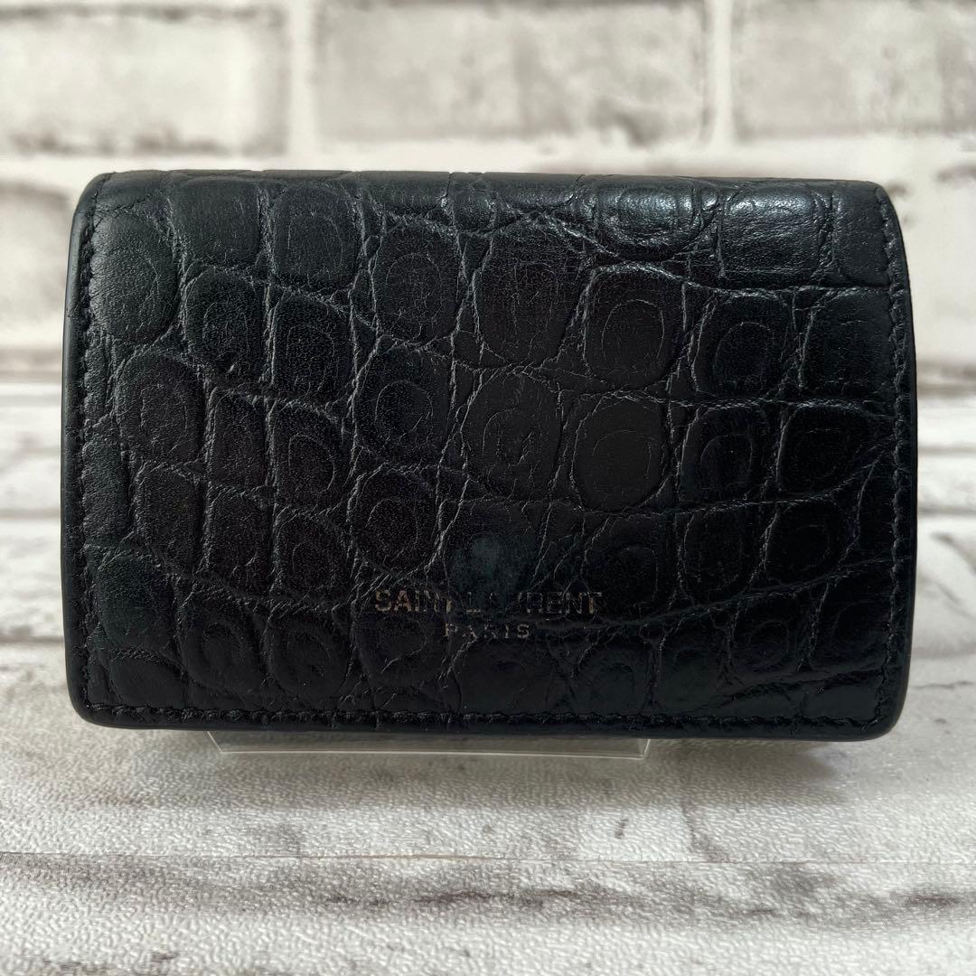 美品✨サンローラン　三つ折り財布　クロコ　金ロゴ　黒　付属品