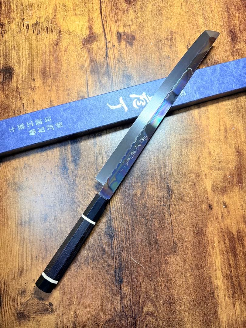 祥太郎作　左用　刺身 先丸　本焼　白鋼　尺　鏡面　包丁　黒檀水牛八角柄