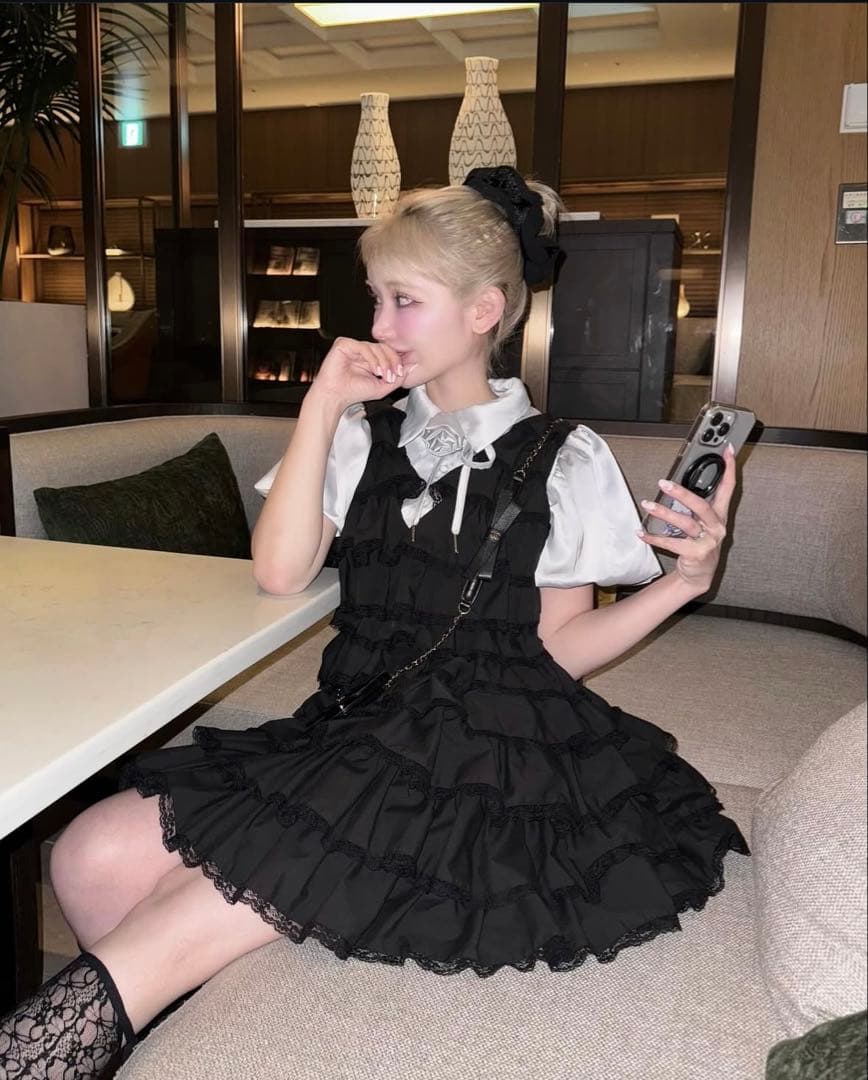 【２点セット】ローズパフブラウス　ノースリーブフリルミニワンピース