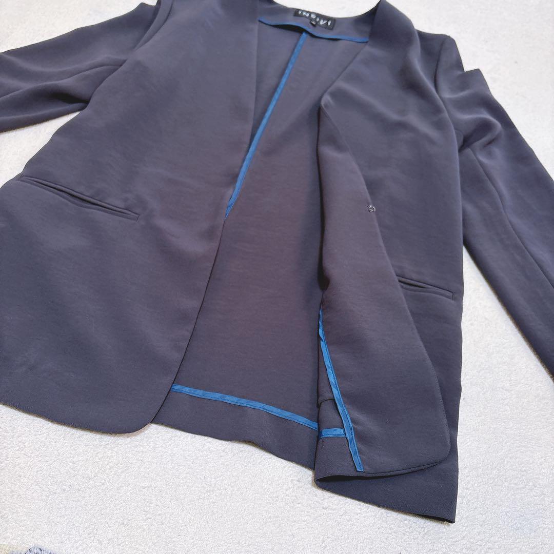 【インディヴィ】ノーカラー ストレッチ パンツスーツ テーパード ビジネス M