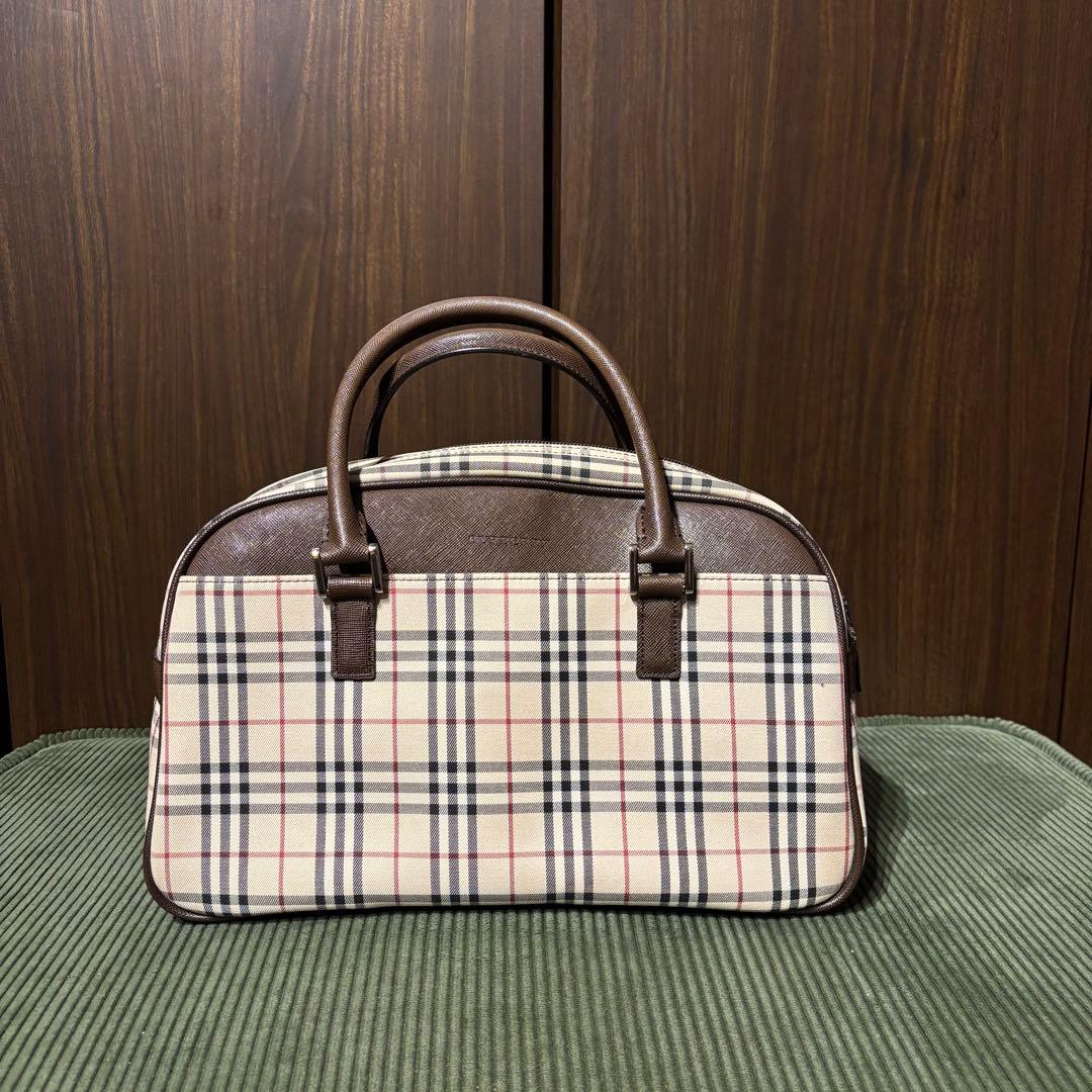 【美品】バーバリー ミニボストン ワンマイルバッグ ノバチェック レザー 茶