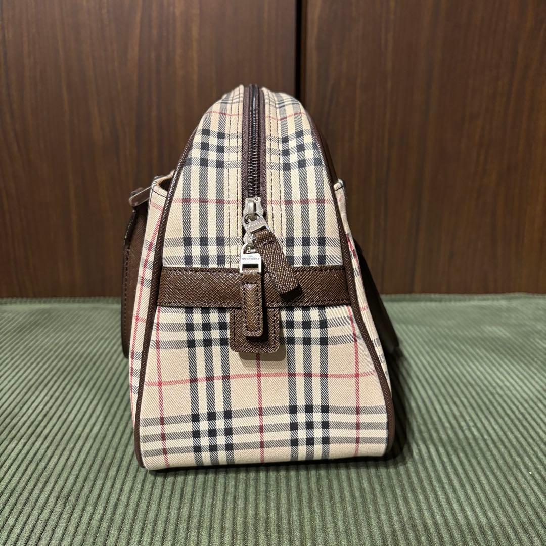 【美品】バーバリー ミニボストン ワンマイルバッグ ノバチェック レザー 茶