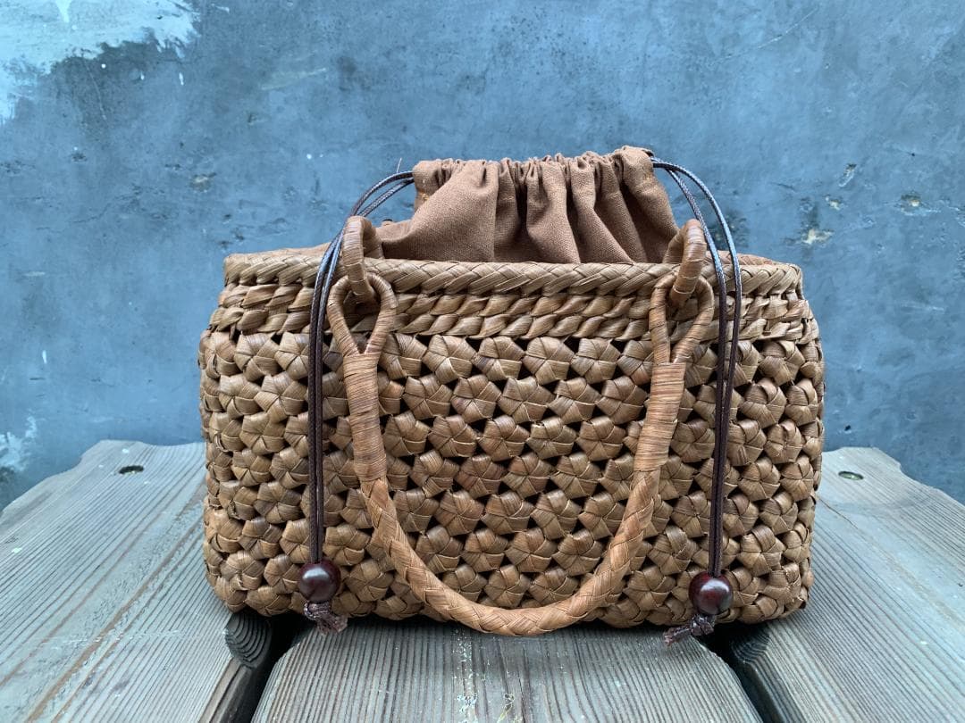 【期间限定】六角花結び編み 山葡萄 かごバッグ 職人手編み 手提げ 内布付き