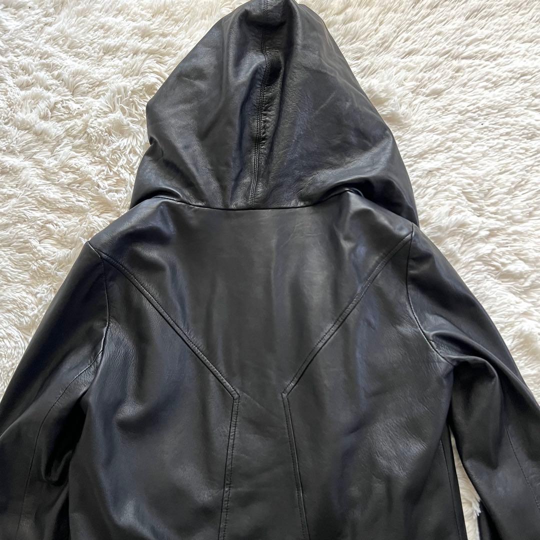 Helmand 高級フード付きブラックレザージャケットラムレザーアシメントリー