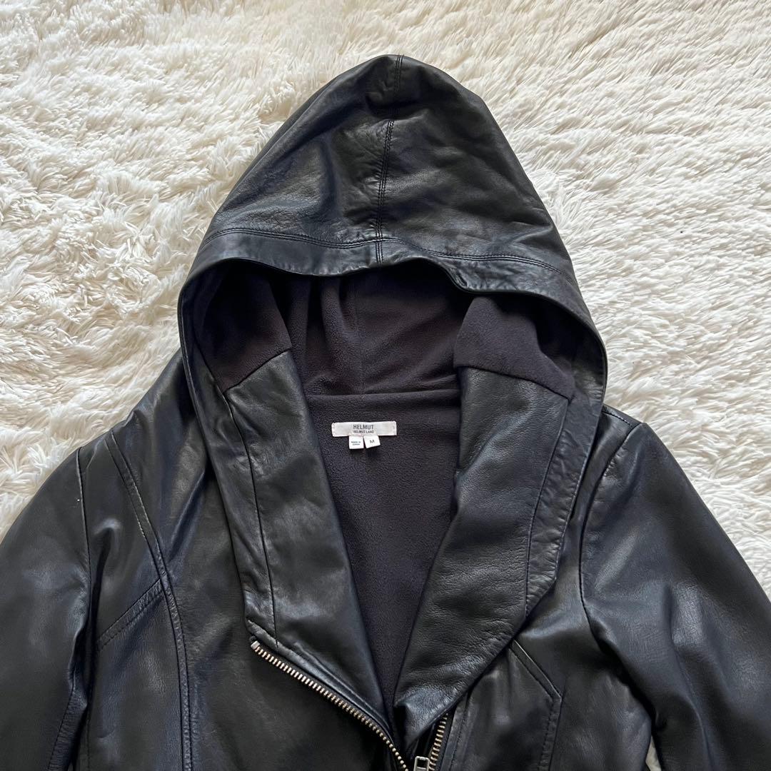 Helmand 高級フード付きブラックレザージャケットラムレザーアシメントリー