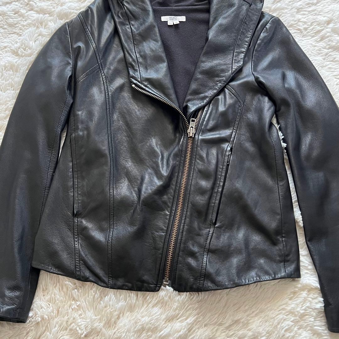 Helmand 高級フード付きブラックレザージャケットラムレザーアシメントリー