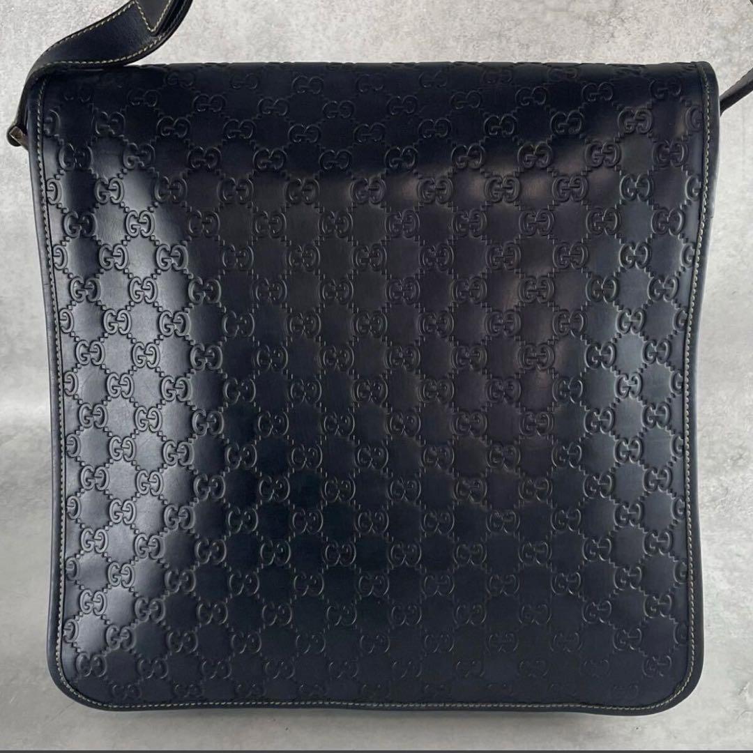 【極美品】グッチ ショルダーバッグ メッセンジャー シマ レザー ネイビー 紺色