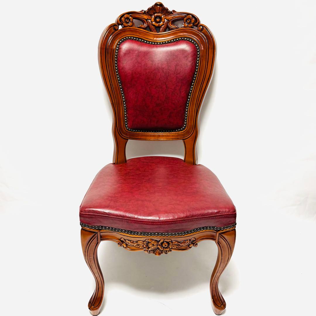イタリア アンティーク風 マホガニー 猫足 ダイニングチェア レッド レザー