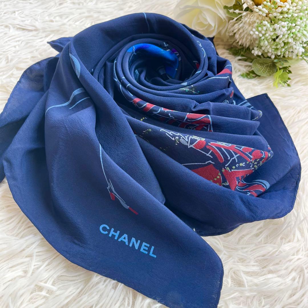 CHANEL シャネル マドモアゼル スカーフ シルク 大判 ネイビー