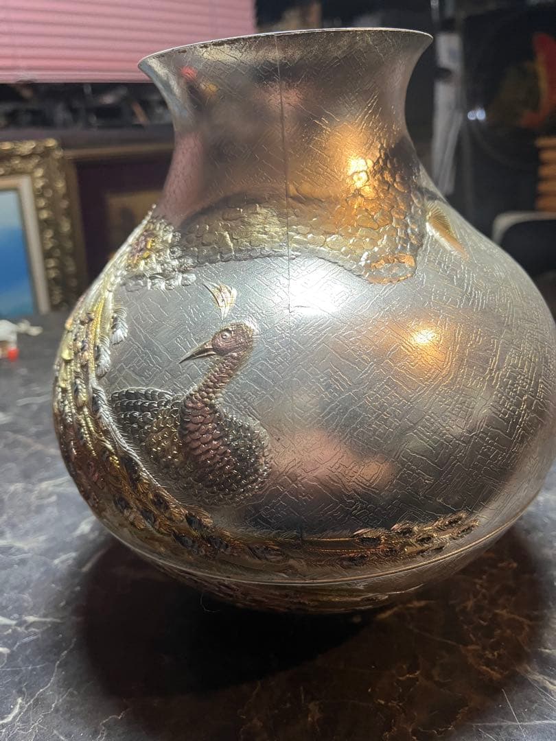 銀製花瓶、花瓶銀仕上げ、銀仕上げ花瓶、3.7キロ、鳳凰銀花瓶、金銀仕上げ花瓶