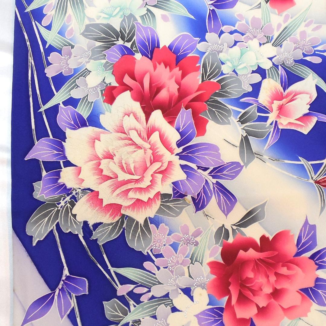 美品★振袖フルセット　振袖　正絹　成人式　Mサイズ　ブルー　青　花柄　バラ