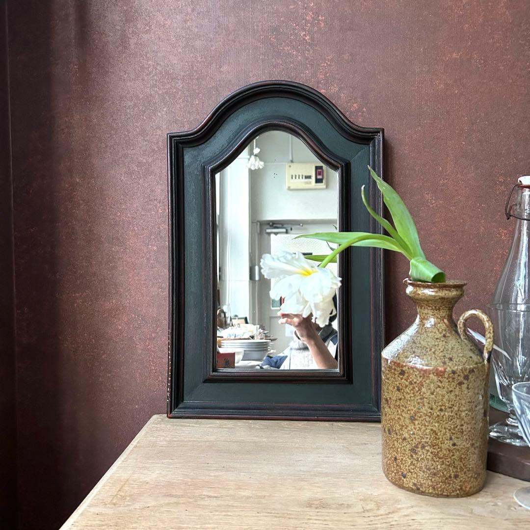 フランスアンティーク　ウォールミラー　鏡　壁掛アーチ　ダークグリーン