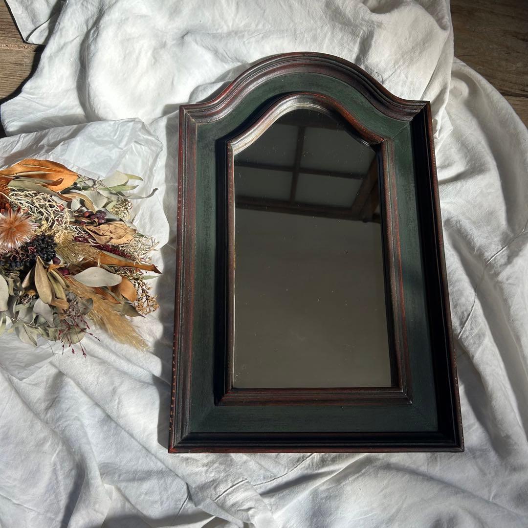 フランスアンティーク　ウォールミラー　鏡　壁掛アーチ　ダークグリーン
