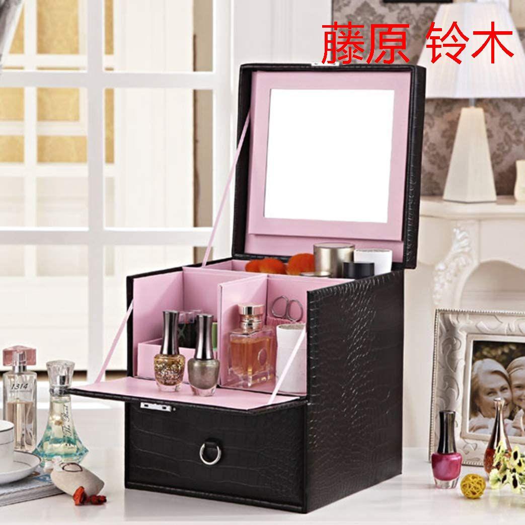 化粧品収納ボックス 化粧鏡付きメイクボックス 木製 引き出し ワニ紋 おしゃB