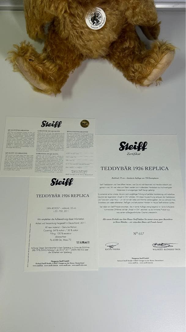 シュタイフ【steiff】テディベア1926レプリカ レディッシュブロンド