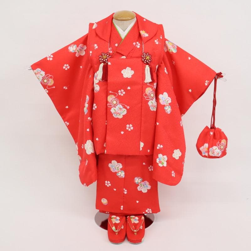 あっちゃん　七五三6点セット　被布　着物　襦袢　草履　巾着　赤 9RR21