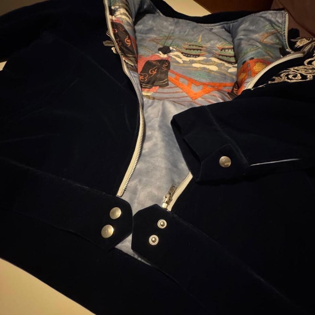 【中綿ブルゾン】刺繍ドラゴンと鷲のベルベットジャンパー 紺2XL