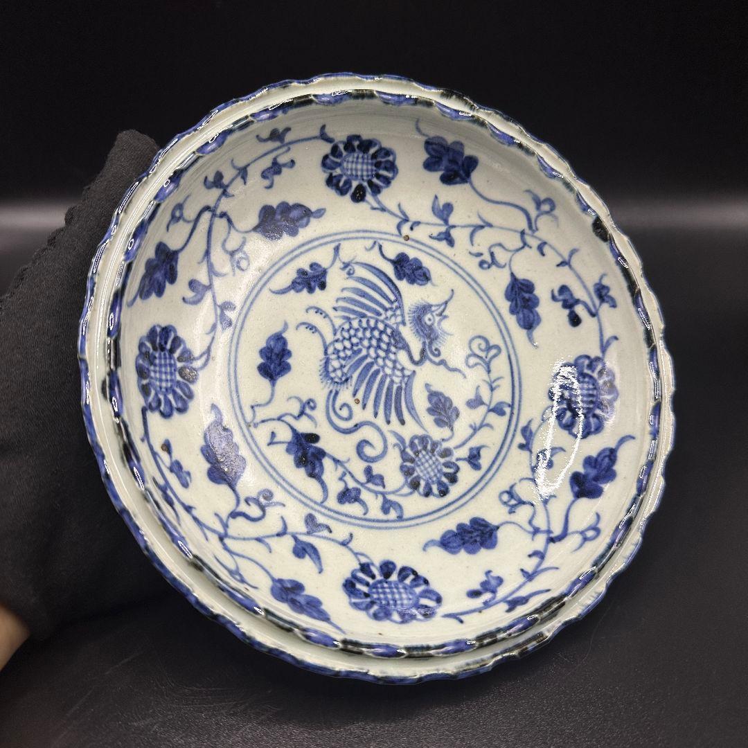 L112 青花手描き鳳着牡丹磁器皿