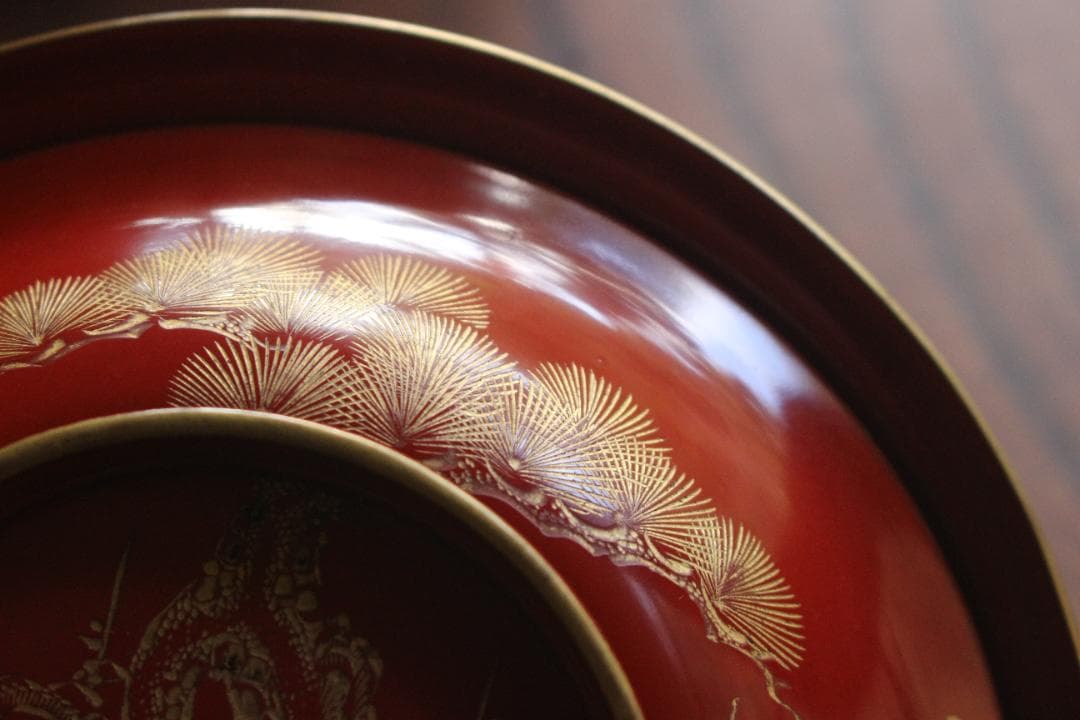 デッドストック！時代金縁朱漆に極上松竹梅沈金の映える大椀2点（検輪島塗雑煮椀