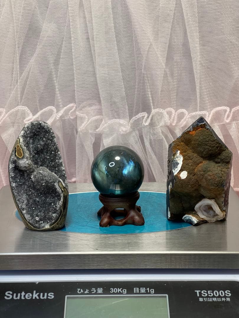 天然石 アメジストクラスター ラブラドライト　六角柱 原石3点セット