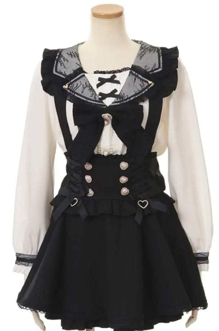 LIZLISA レースアップサスペンダー付きスカパン　ブラック