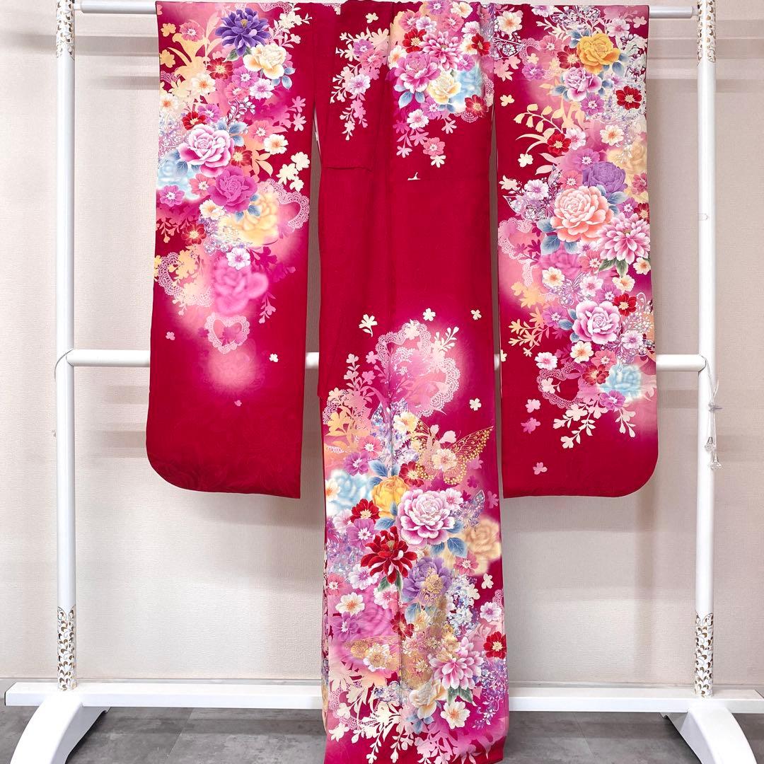 ⭐︎K0821 美品 正絹 レンタル店放出品 ガード加工 花柄 蝶 赤 9号