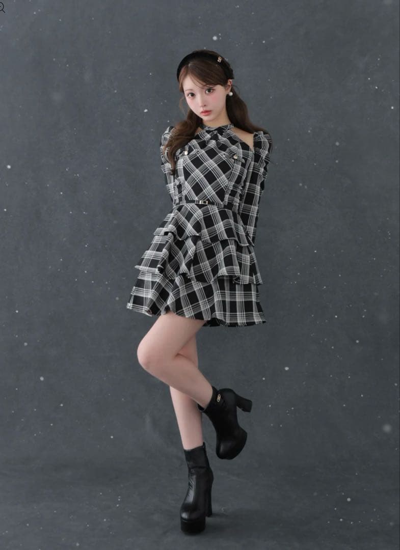 ワンピース mmeeme Sleeve halter check mini onepiece