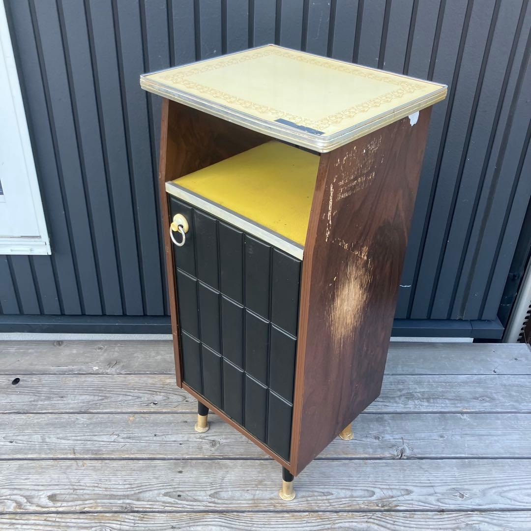 昭和レトロ 木製コンソールテーブル コールキャビネット レザー張り 電話台