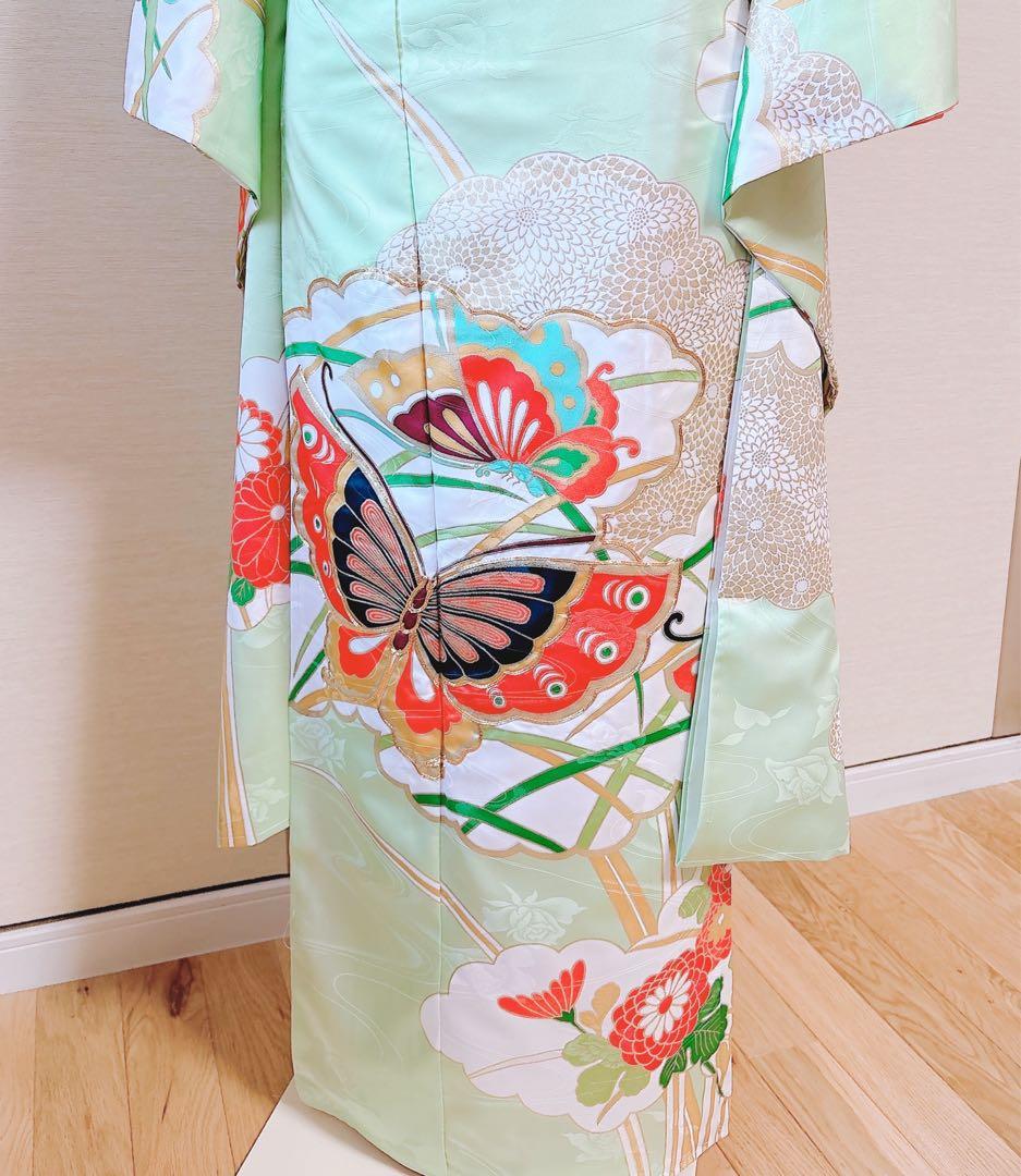洗える振袖　セット　裄65 M L 帯　緑　ミント　蝶々　菊