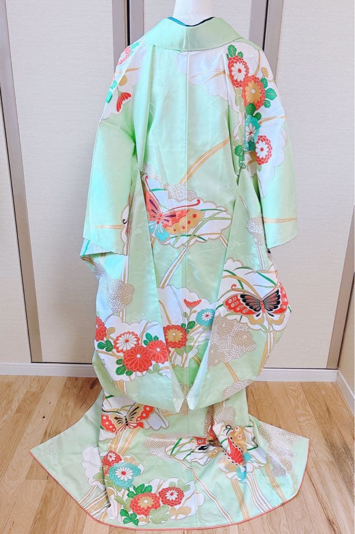 洗える振袖　セット　裄65 M L 帯　緑　ミント　蝶々　菊