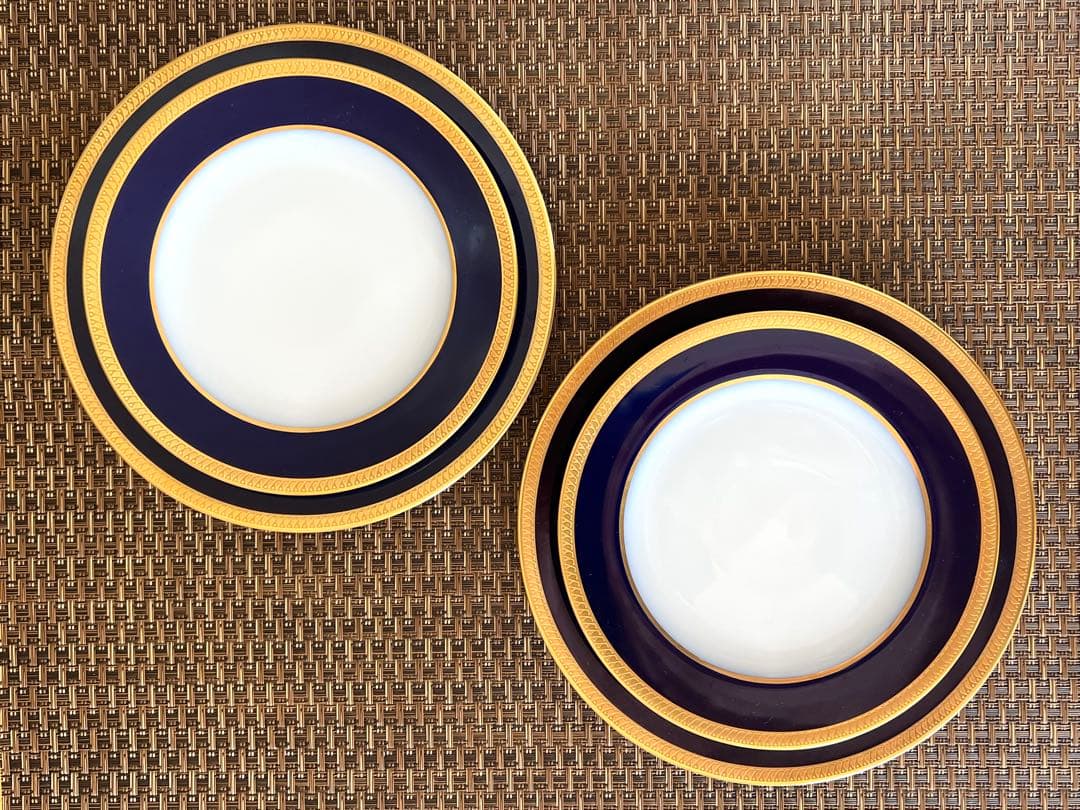 大倉陶園　瑠璃片葉金蝕　20cmデザート皿2枚& 17cmパン皿2枚