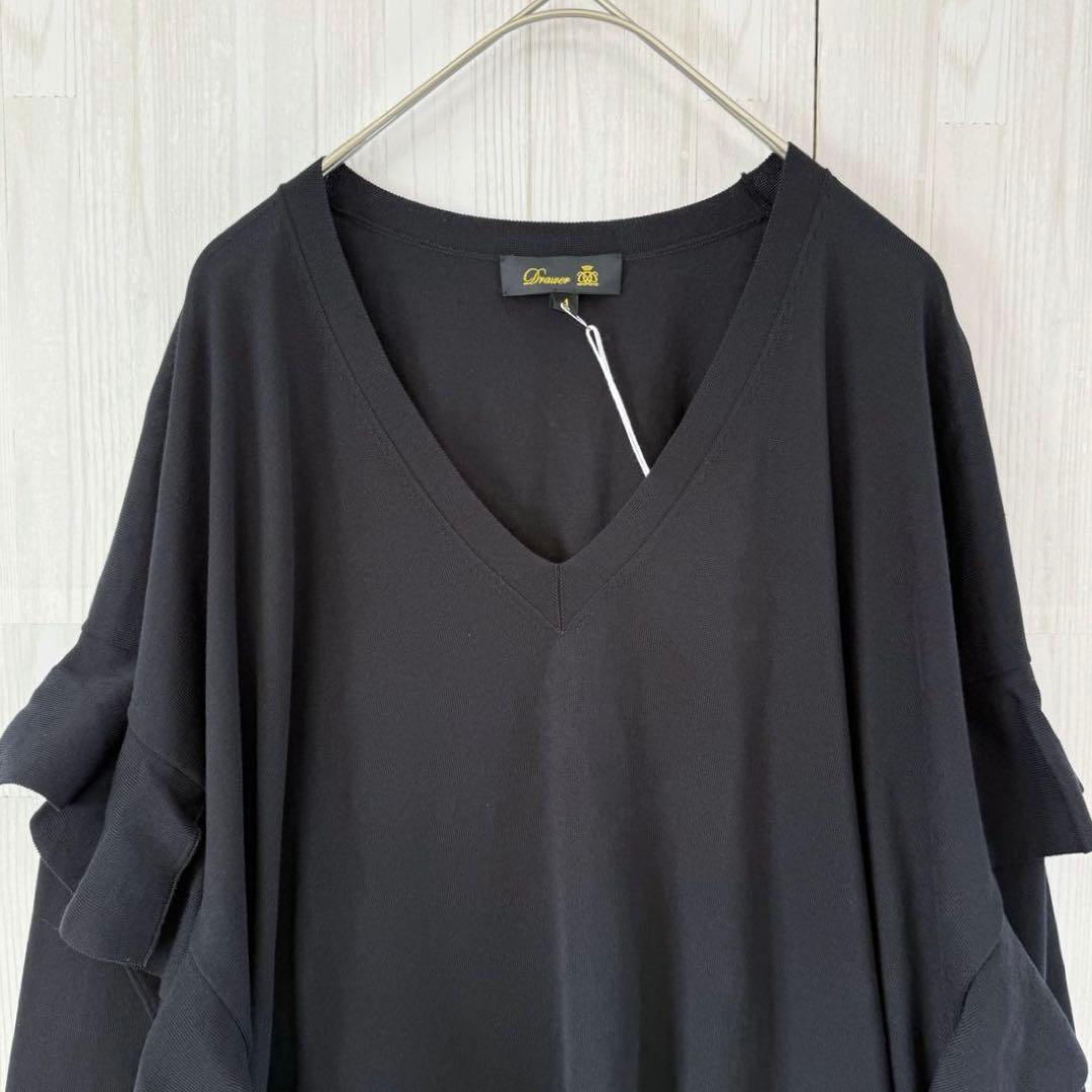 未使用　ドゥロワー 18G コットン Vネック フリル ニット セーター 黒