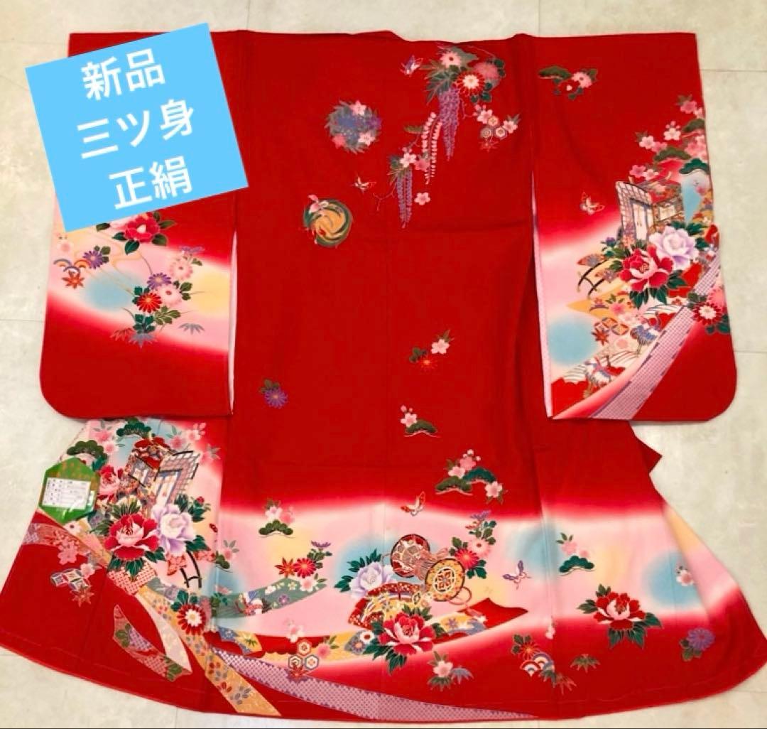 【新品】正絹　七五三用赤色花柄着物