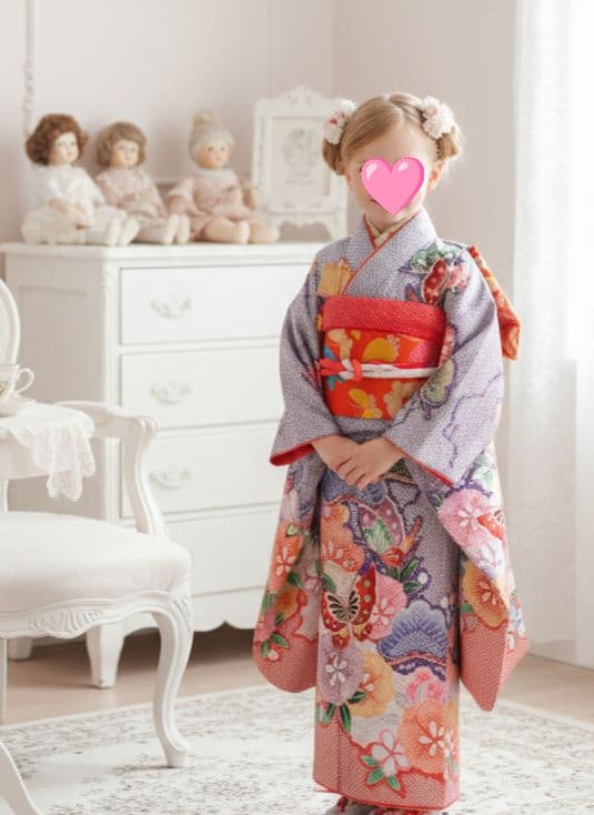 薄い紫オレンジの着物と帯のセット