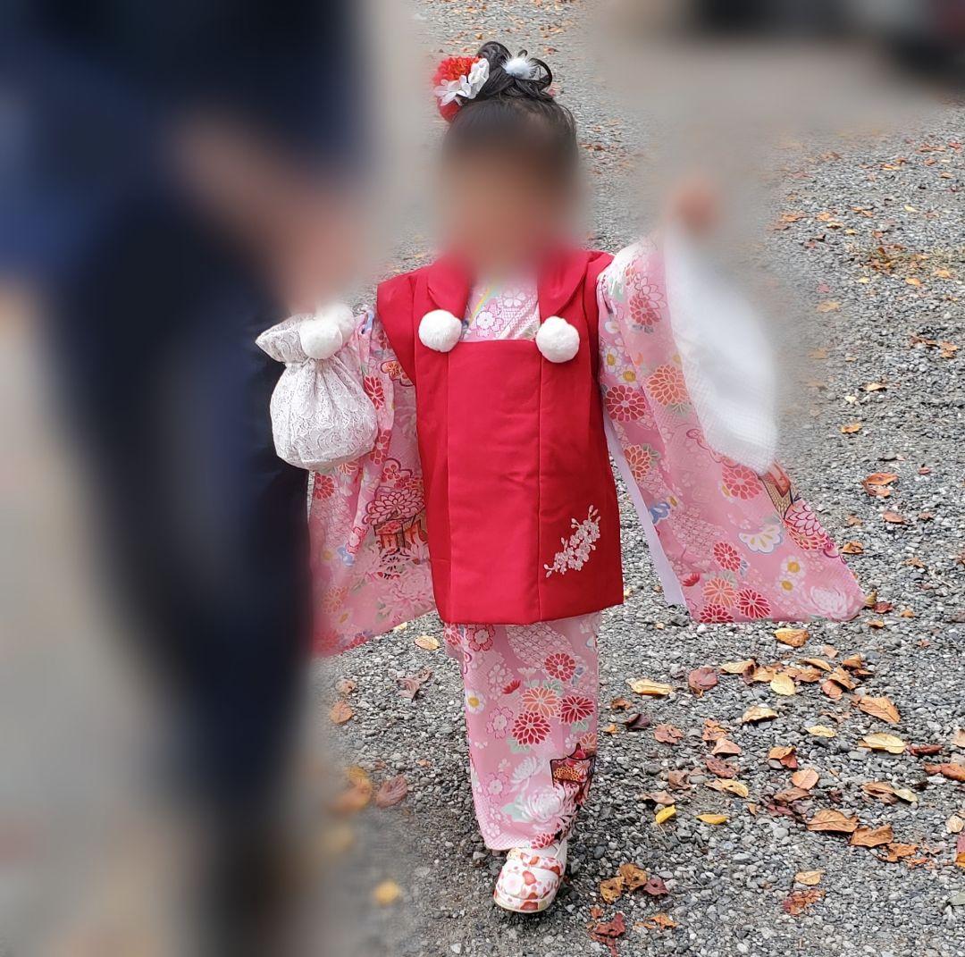 七五三フルセット　七五三被布着物、ヘアアクセサリー4点、付け毛、履物、100cm