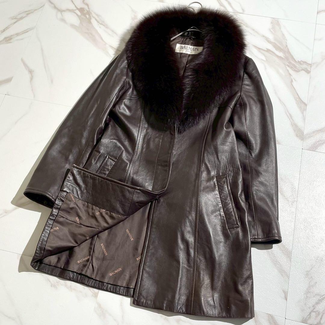 【美品✨】BALMAIN 2way レザーコート 羊革 フォックスファー 茶