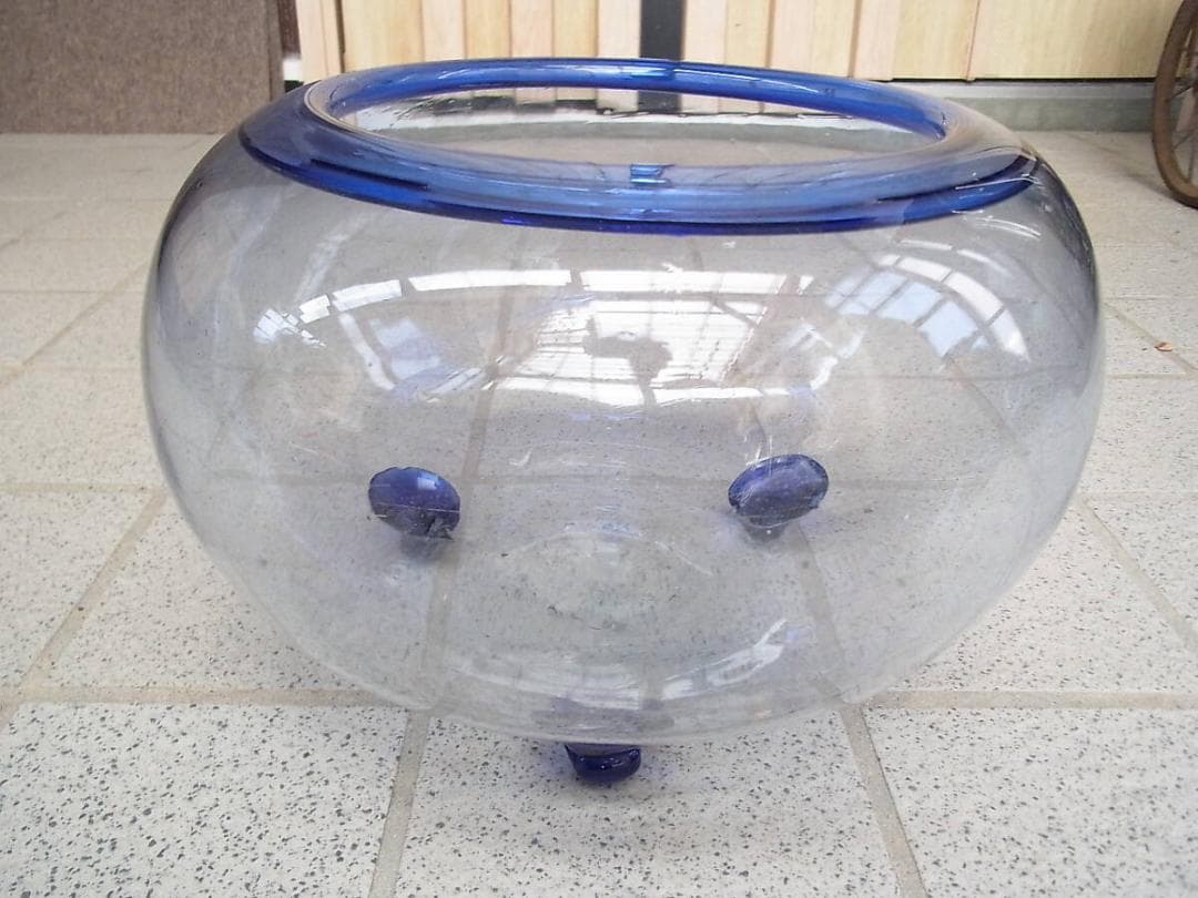 レトロ硝子☆足付ガラス鉢　金魚鉢　横31cm　昭和