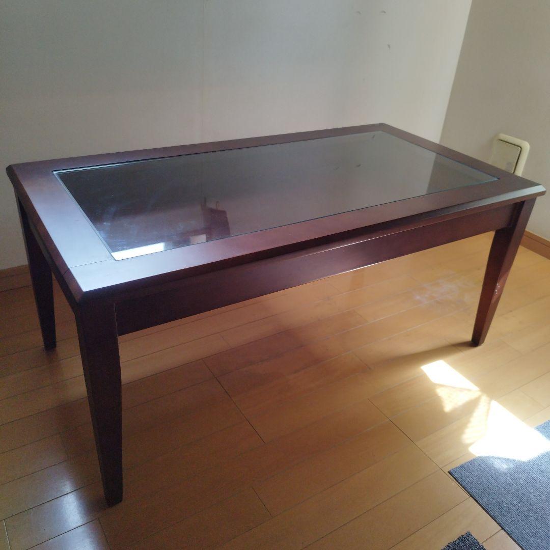 ダークブラウン ローテーブル ディスプレイ収納付き　天板ガラス嵌め込み