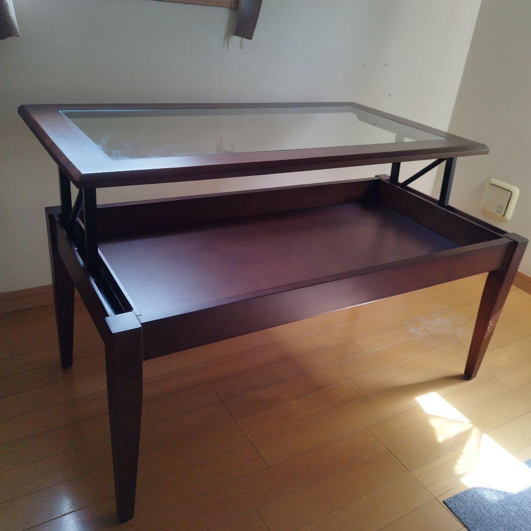 ダークブラウン ローテーブル ディスプレイ収納付き　天板ガラス嵌め込み