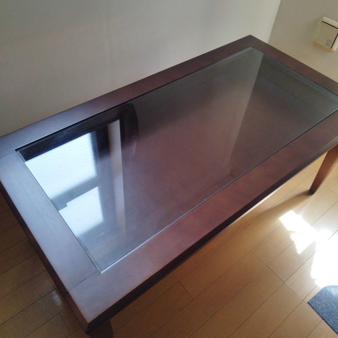 ダークブラウン ローテーブル ディスプレイ収納付き　天板ガラス嵌め込み