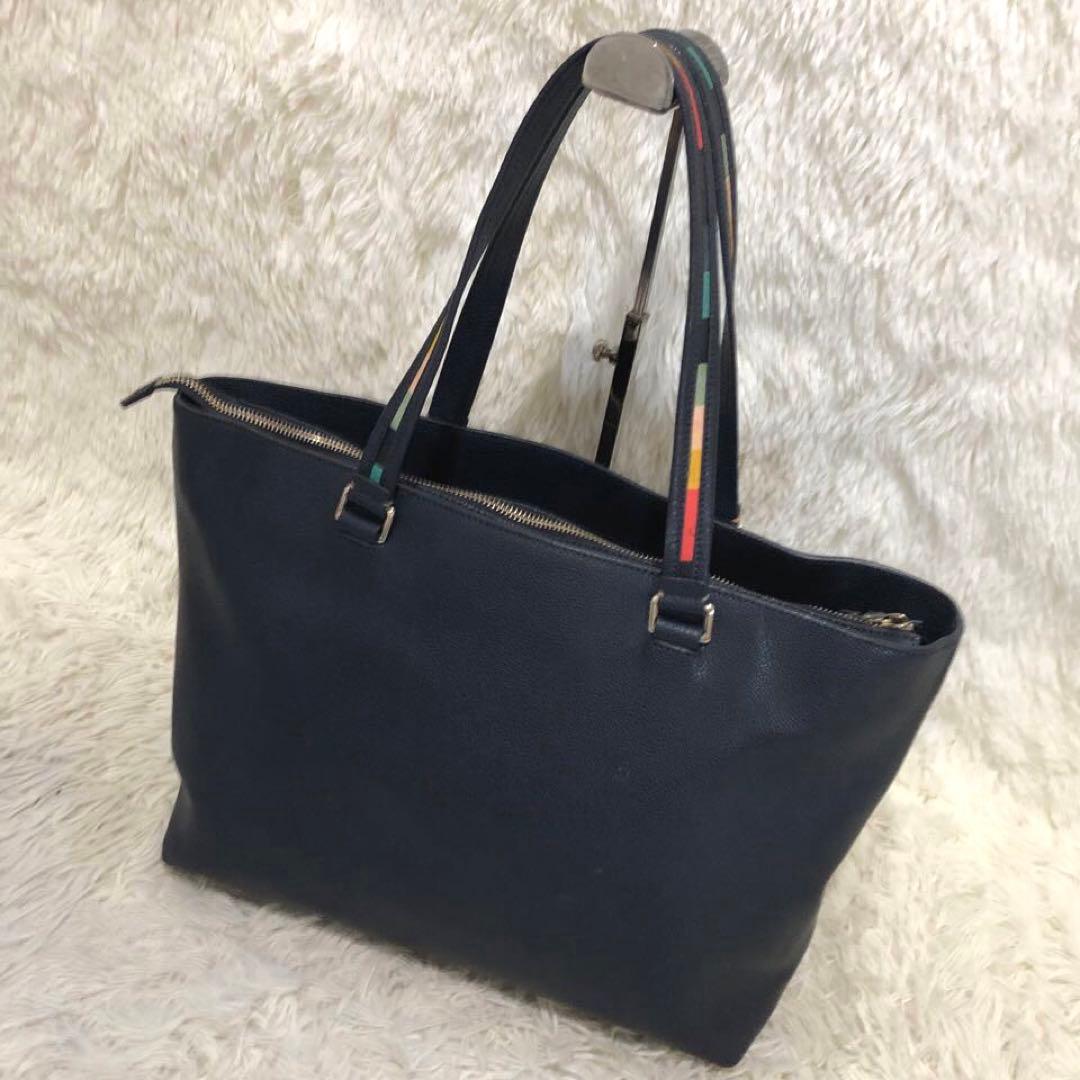 未使用級✨✨ポールスミス レザー　マルチストライプ　トートバッグ ネイビー