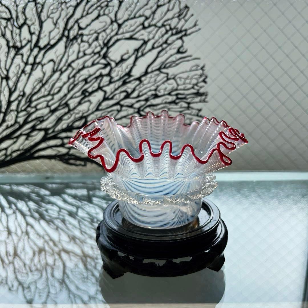 骨董　時代ガラス　超希少　金赤フチ　掻き揚げ模様　菓子器　氷鉢　ウランガラス