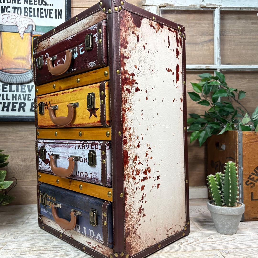 アンティークビンテージ調レザートランクチェスト四段洋タンス収納木製飾り棚レール付