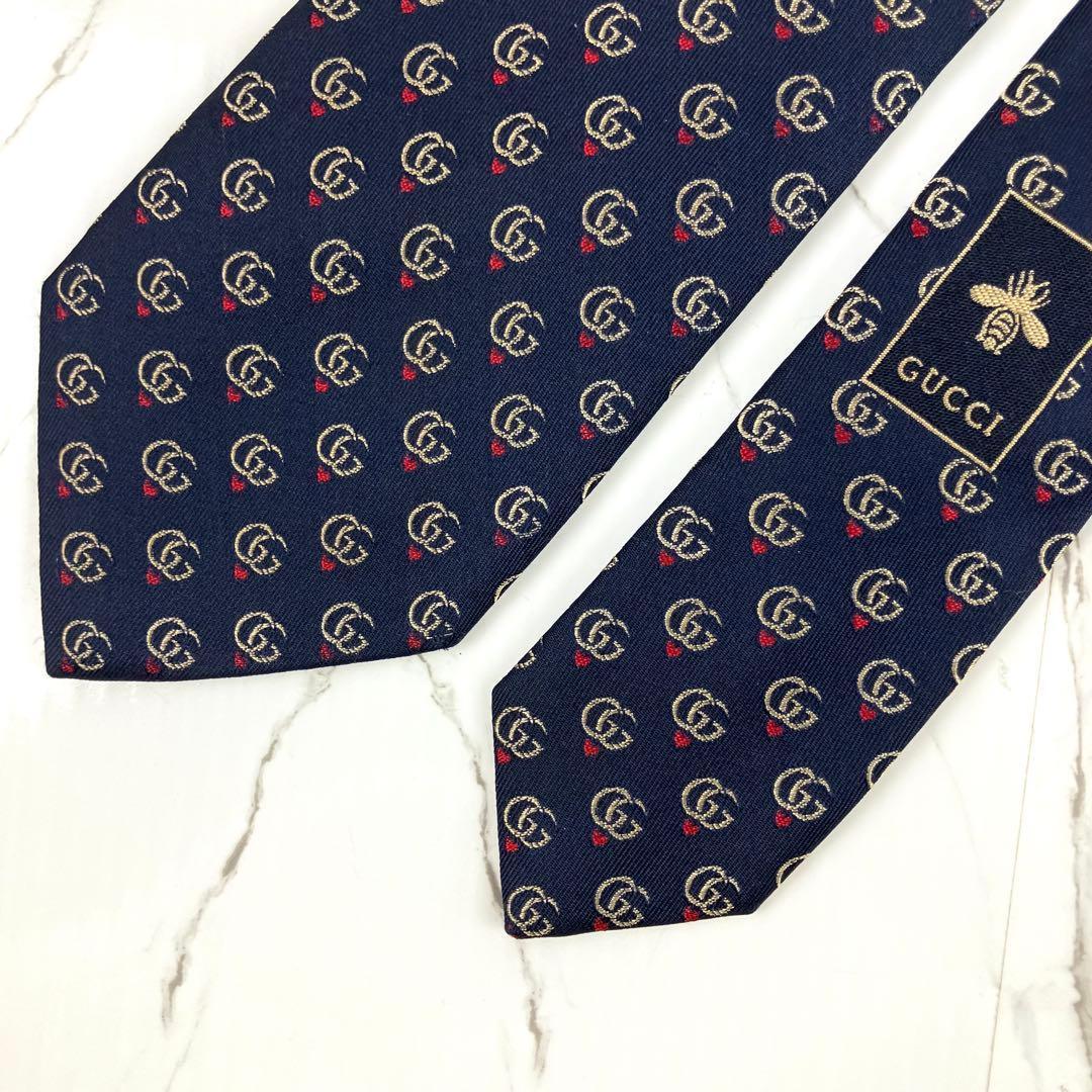 現行　グッチ　ネクタイ　GGマーモント　ダブルG ハート　ネイビー
