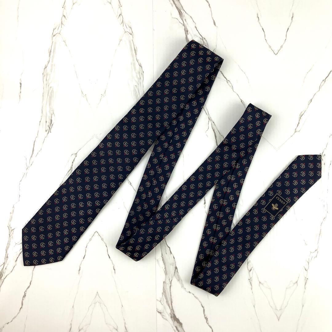 現行　グッチ　ネクタイ　GGマーモント　ダブルG ハート　ネイビー