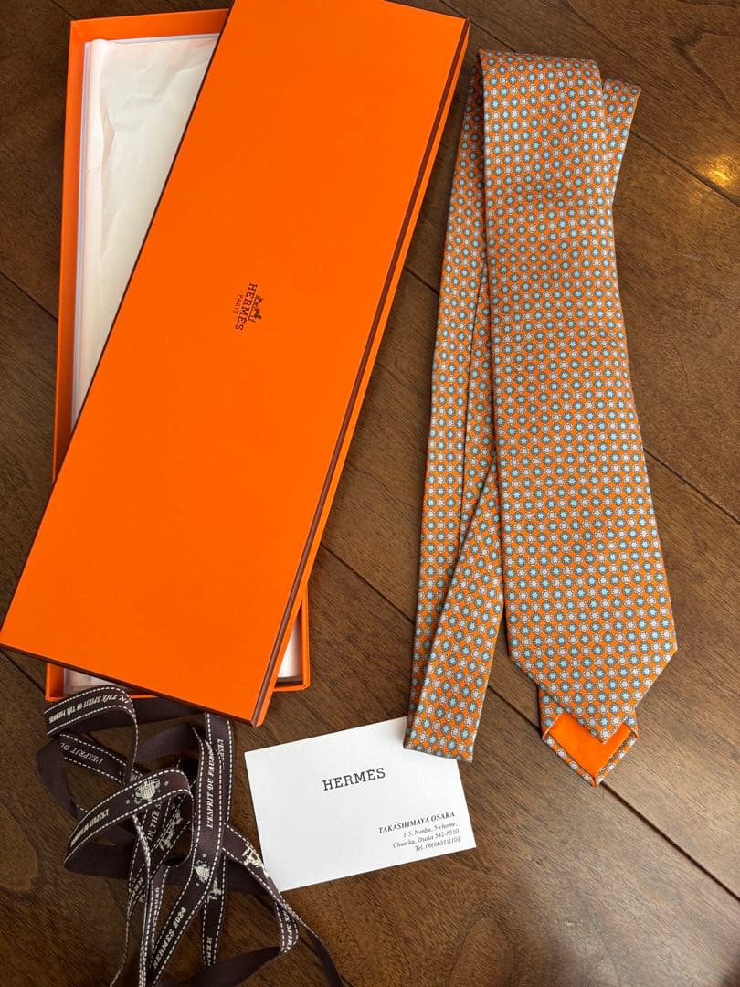 HERMES 正規店購入　エルメス　ネクタイ　オレンジ系　8センチタイプ
