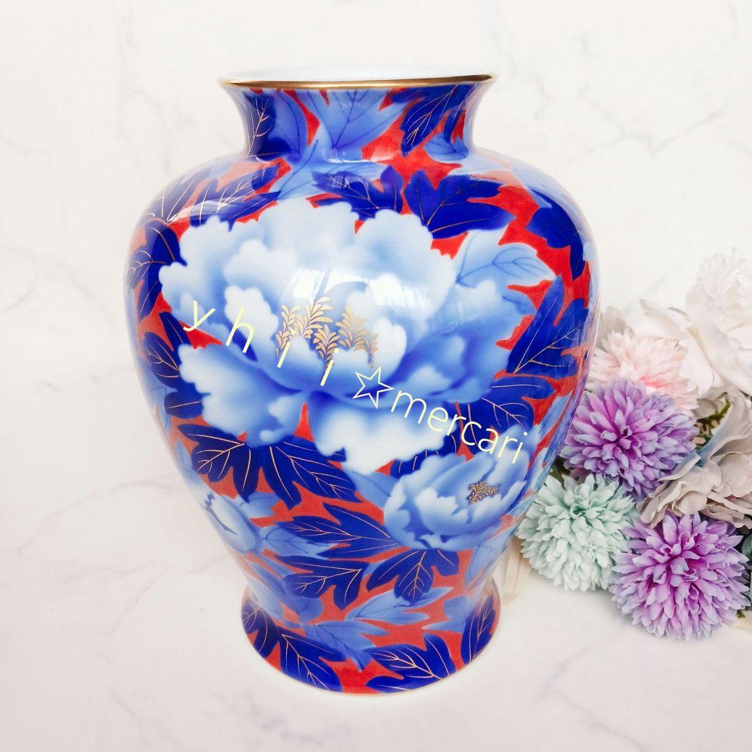 【稀少・廃盤】宮内庁御用達 有田焼 赤地 瑠璃 染錦 牡丹 金彩 花生 壺