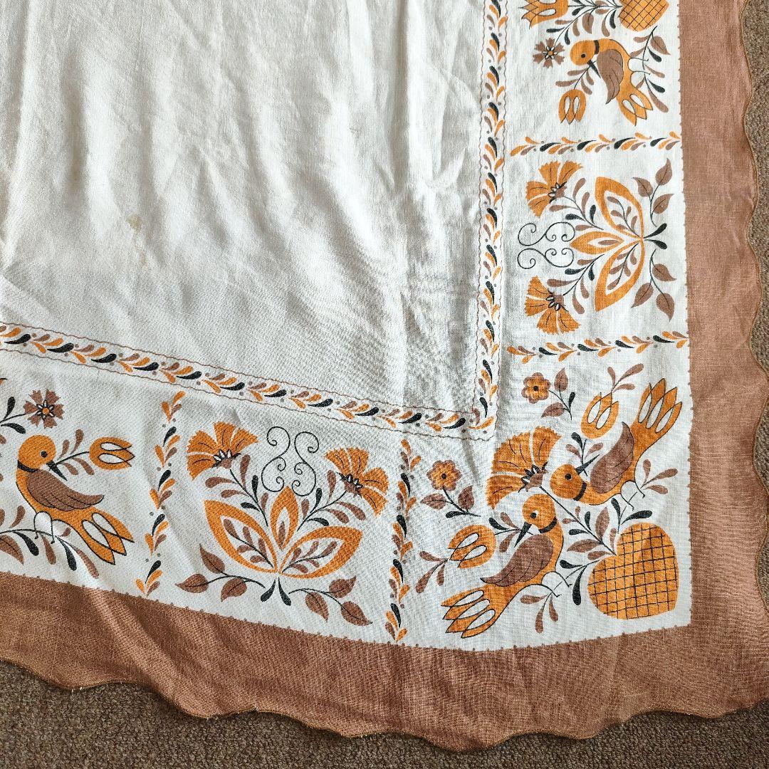 アメリカ　アンティークリネン　146x190㌢　テーブルクロス 鳥　レトロ